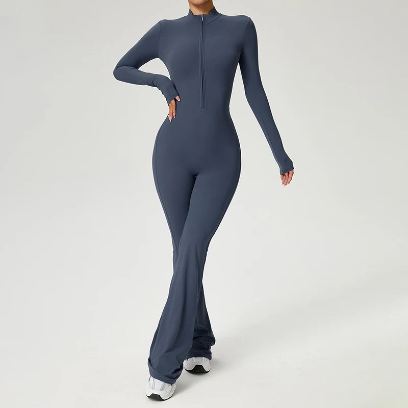 Women Long Sleeve Fitness Jumpsuit Zipper Yoga Bodysuit for Gym Workout