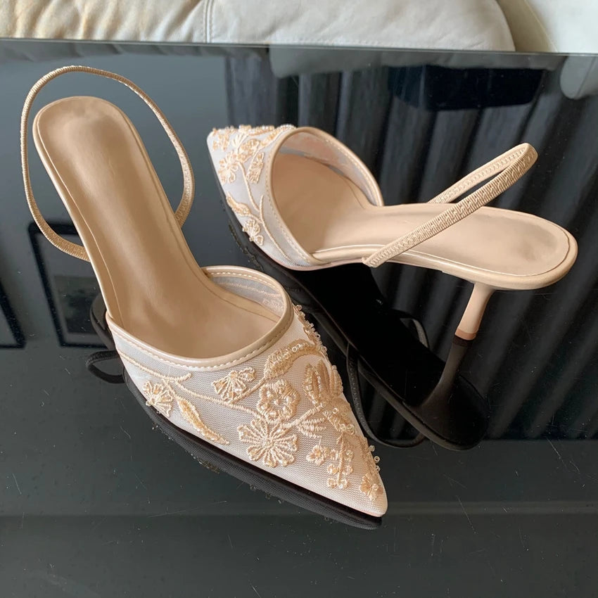 Women White Slingback High Heels Mesh Embroidered Floral Wedding Dress Shoes