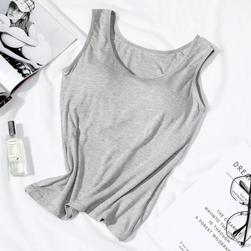Women’s Padded Tank Top with Built In Bra Slim Fit Solid Color Vest