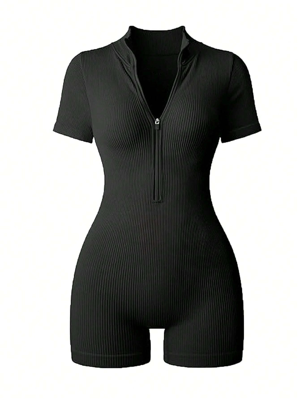 Women Ribbed Knit Short Sleeve Romper Jumpsuit