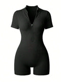 Women Ribbed Knit Short Sleeve Romper Jumpsuit