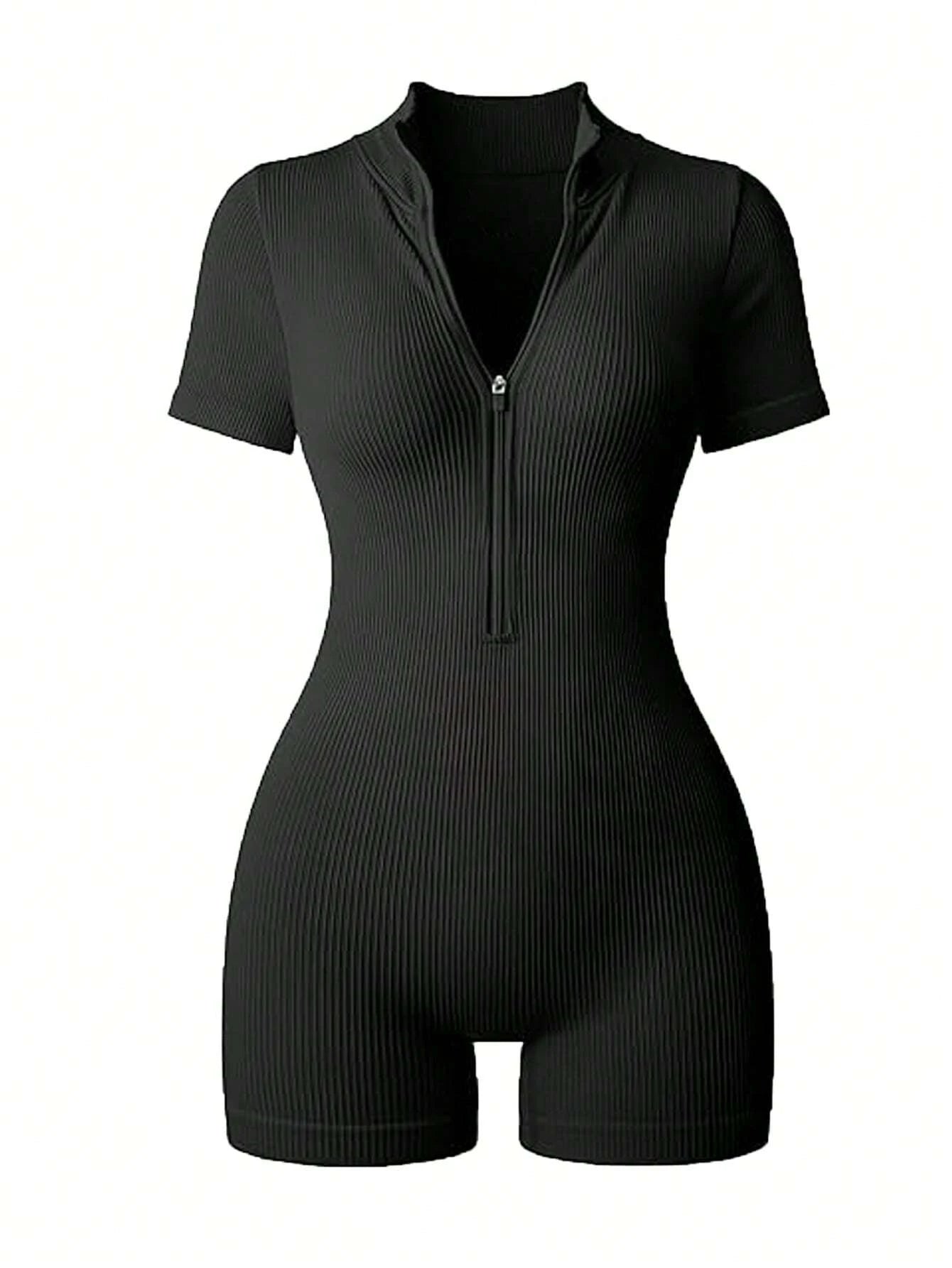Women Ribbed Knit Short Sleeve Romper Jumpsuit
