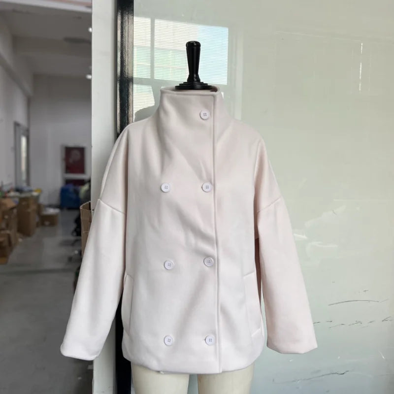 Women Stand Collar Wool Blend Jacket Loose Zip Up Coat