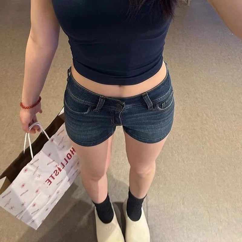 Women Y2K Low Waisted Denim Shorts Skinny Elastic Vintage Summer Hot Pants