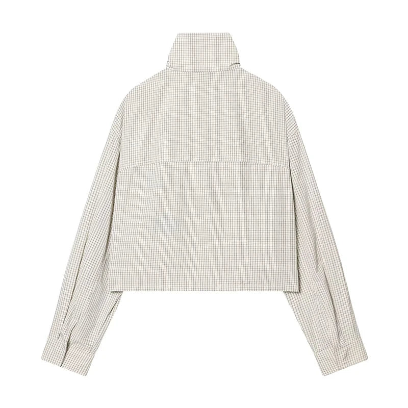 Women Plaid Jacket Stand Collar Long Sleeve Loose Coat Spring Fashion Outerwear Chic