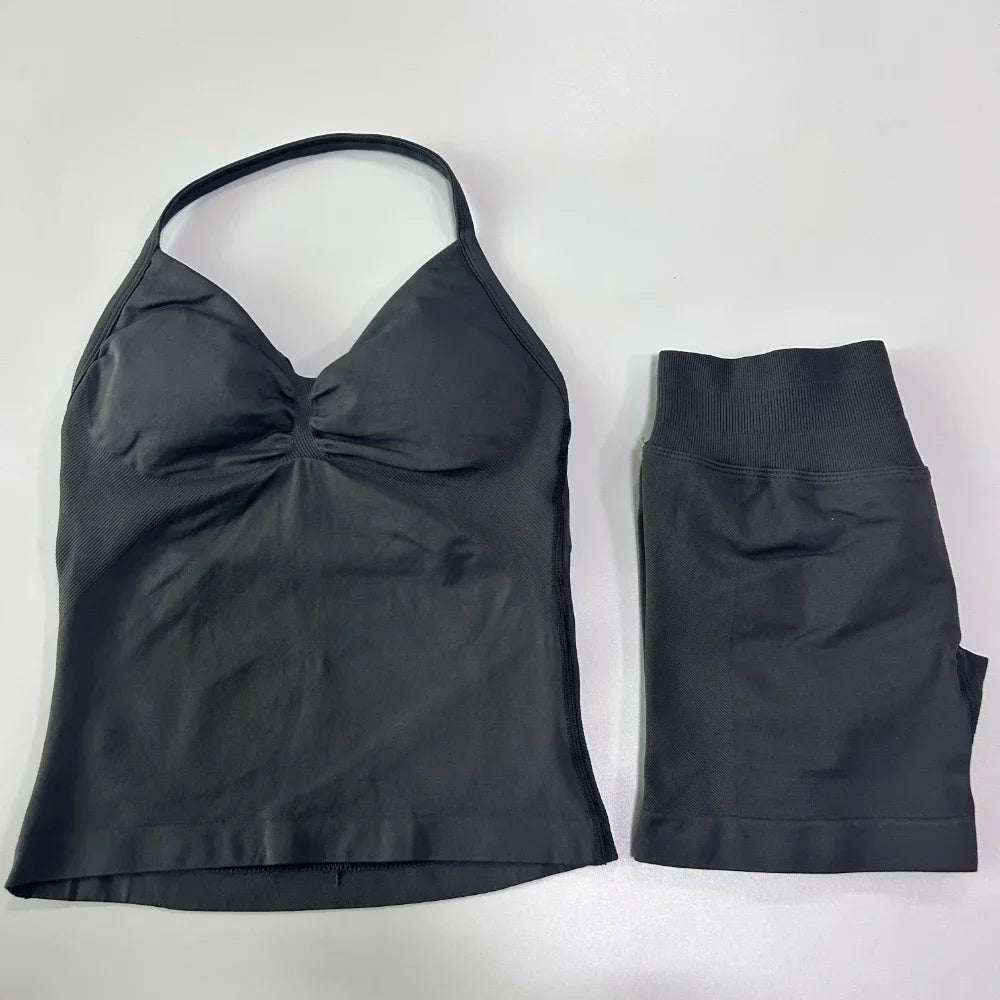 Yoga Set Women Seamless Tank Top High Waist Scrunch Shorts Gym Workout Set