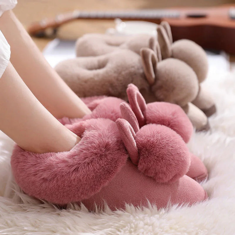 Winter Plush Slippers Thick Sole Couple Indoor Faux Rabbit Fur Closed Back House Shoes