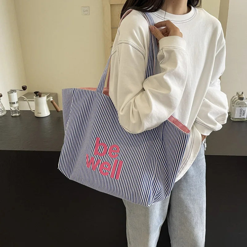 Women Striped Canvas Tote Bag Large Capacity Shoulder Bag
