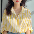 Women Striped Long Sleeve Shirt Yellow White Casual Spring Autumn Top