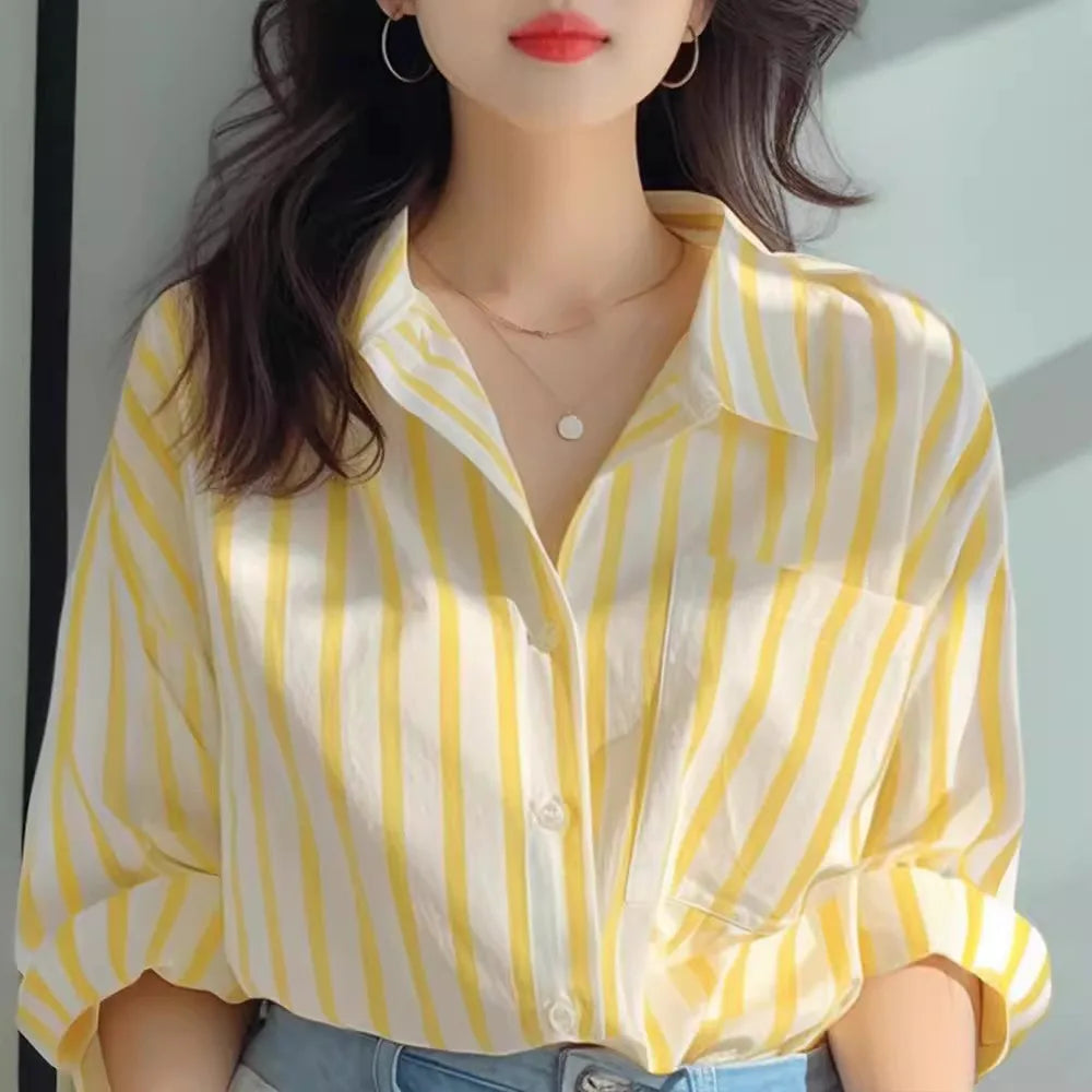 Women Striped Long Sleeve Shirt Yellow White Casual Spring Autumn Top