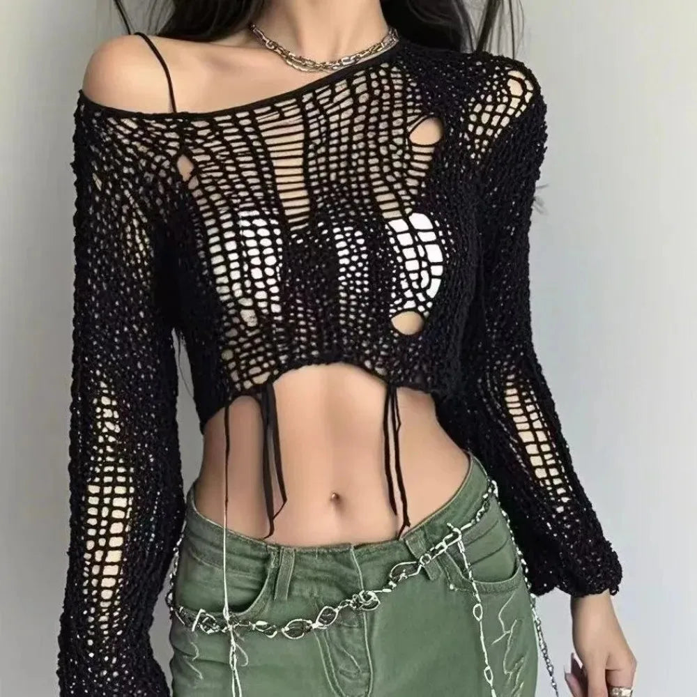Women Y2K Cropped Cutout Knit Sweater Hollow Out Long Sleeve Sheer Pullover Top