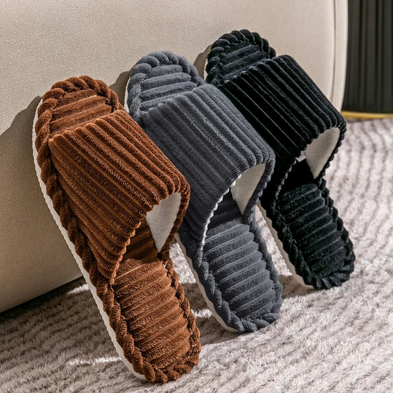 Corduroy Open Toe Slippers Unisex Cozy Indoor Home Slides Soft Anti-Slip Minimalist Shoes