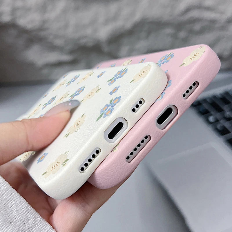 Small Flowers Shockproof Soft Silicone Leather Texture Cover iPhone Case