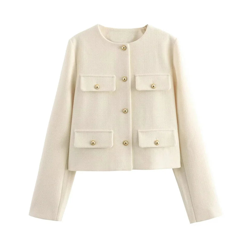 Women Tweed Cropped Jacket Vintage Button Long Sleeve Short Coat