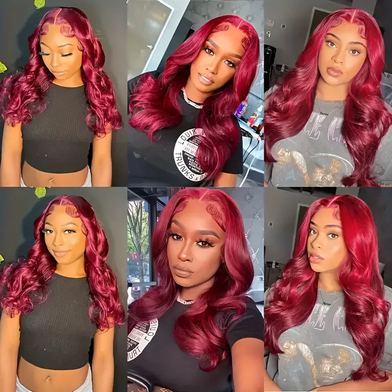 99J Burgundy Body Wave Wig – Long Red Wavy Lace Front Wig 250% Density