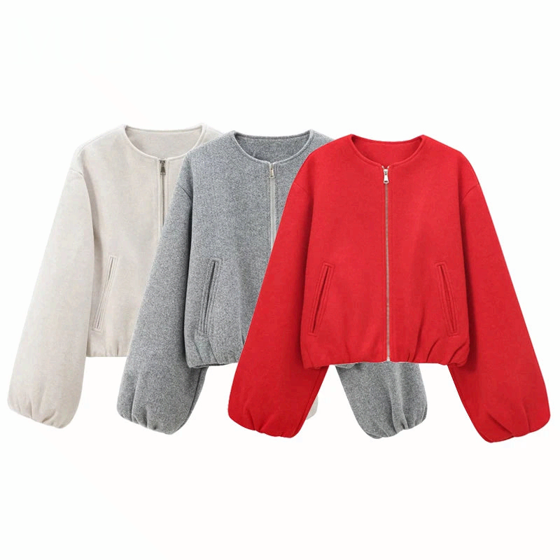 Women Red Cropped Bomber Jacket Zip Up Long Sleeve Sports Outerwear