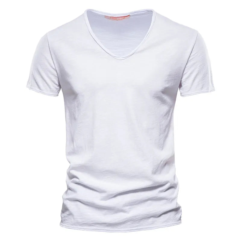 Men Cotton V-Neck Slim Fit T Shirt Short Sleeve Fashion Basic Tee