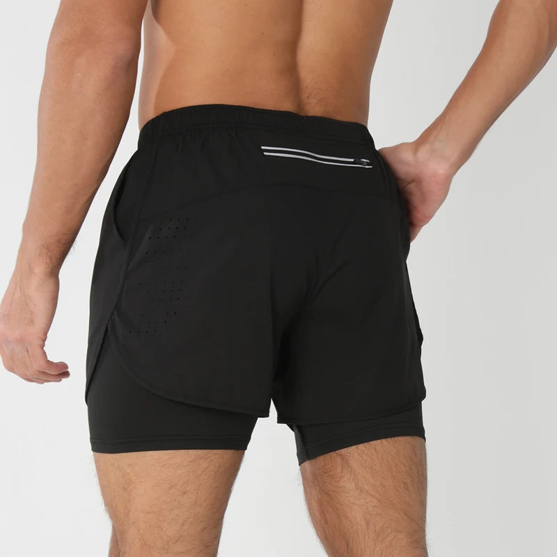 Men 2-in-1 Double Layer Running Shorts Quick Dry Gym Fitness Training Shorts