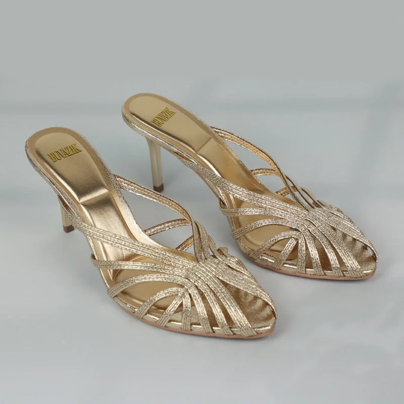 Gold Pointed Toe Mule Heels for Women Stiletto Sandals