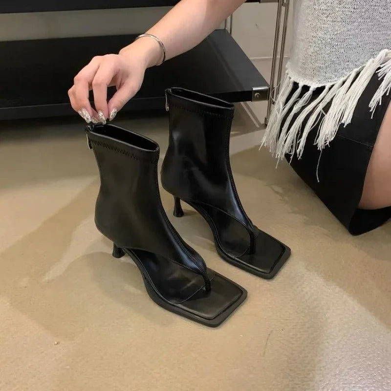 Women Square Toe Stiletto Heel Sandals Herringbone Clip Summer Bootie Style Shoes