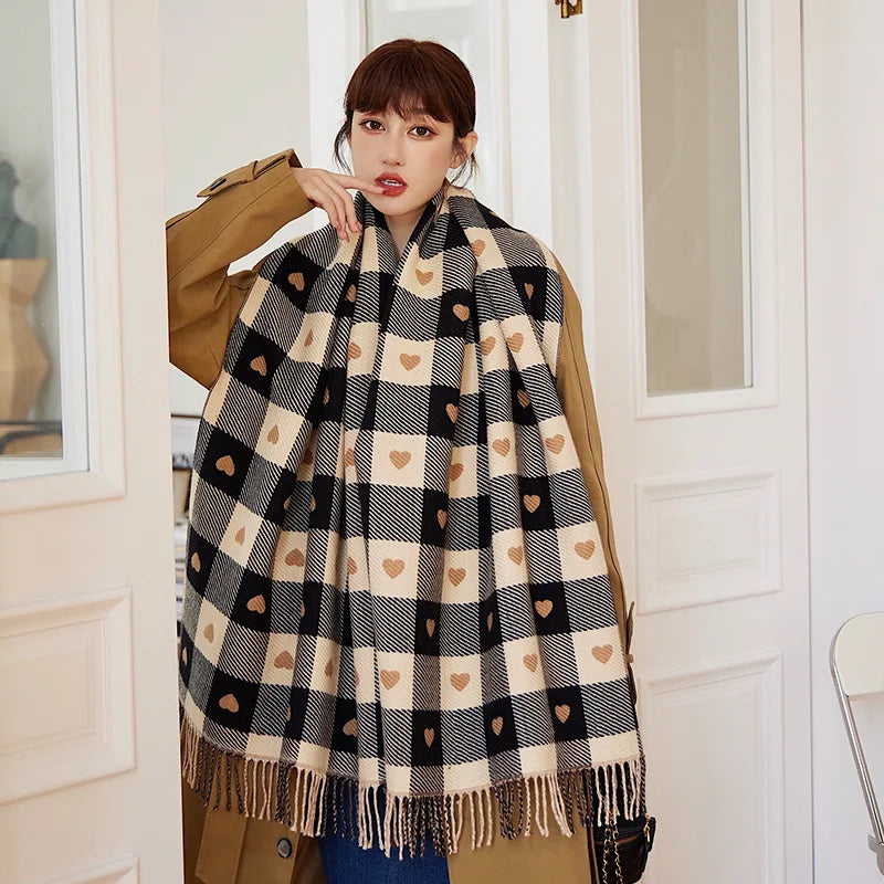 Women Heart Plaid Scarf Thick Winter Blanket Shawl Wrap