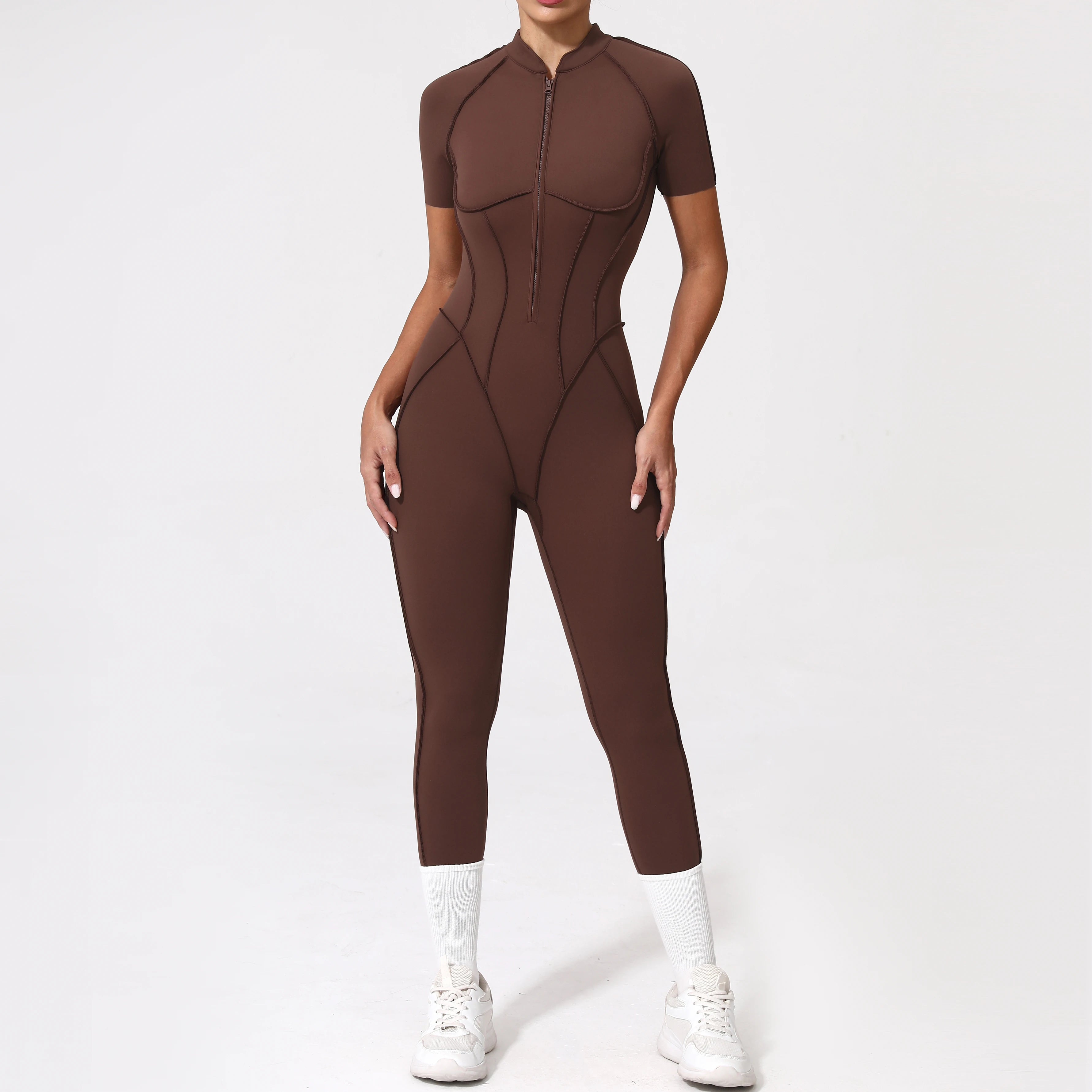 Women Backless Yoga Jumpsuit Zipper Gym Fitness Bodysuit Sportswear