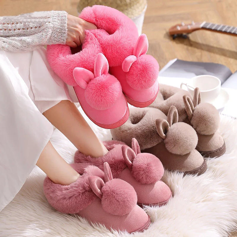 Winter Plush Slippers Thick Sole Couple Indoor Faux Rabbit Fur Closed Back House Shoes
