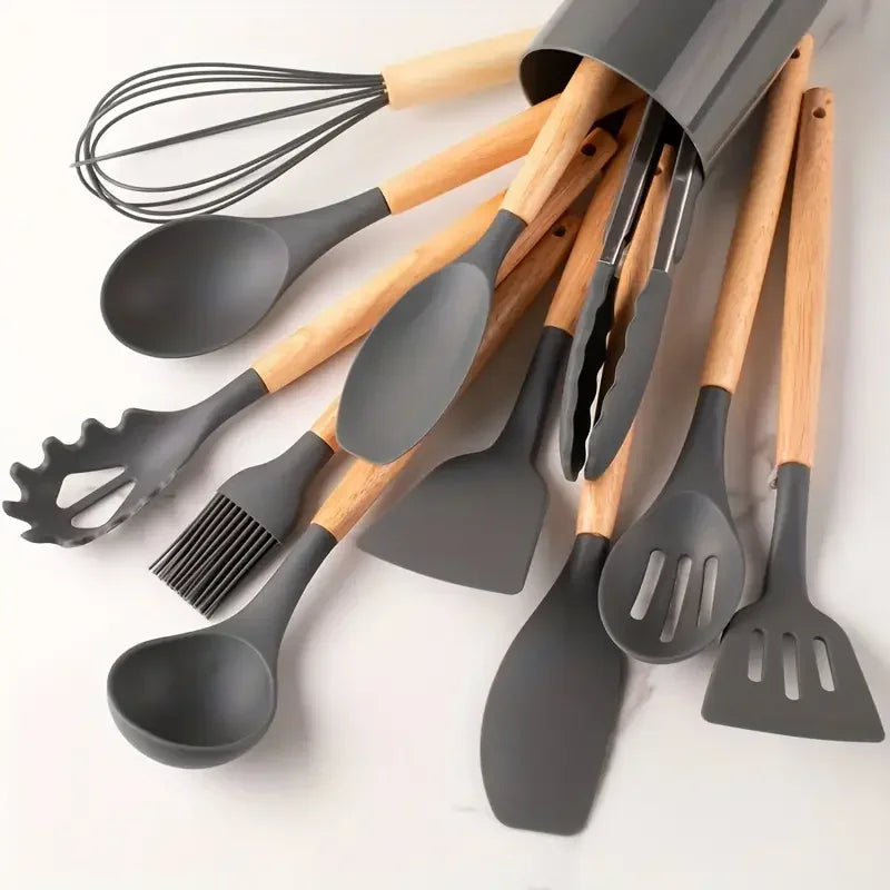 12pcs Silicone Kitchen Utensil Set Wooden Handle Heat Resistant Non Stick Tools