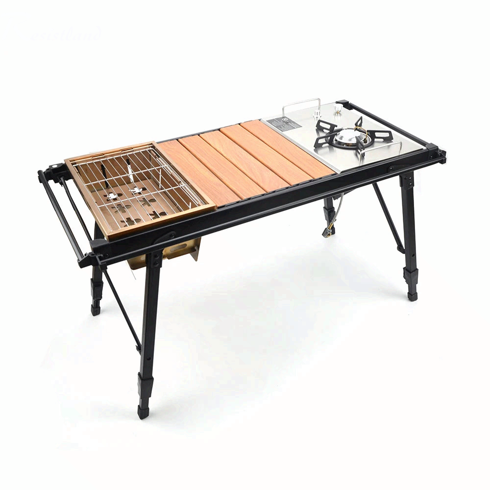Portable Camping IGT Table with Grill & Gas Stove Folding Outdoor BBQ Table Lightweight Picnic Cooking Table Wooden Top