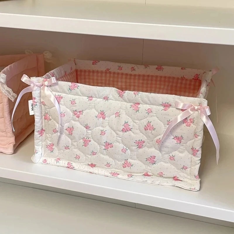Lace Flower Quilted Square Storage Basket Desktop Organizer Home Decor Basket