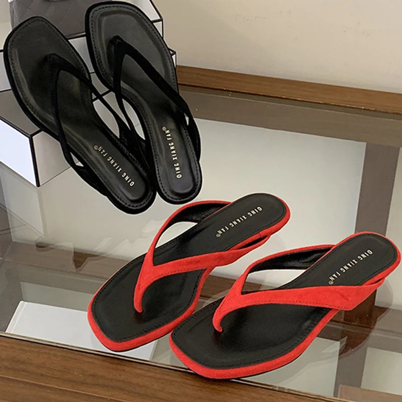Women Square Toe Flip Flops Low Heel Beach Mules Casual Summer Sandals