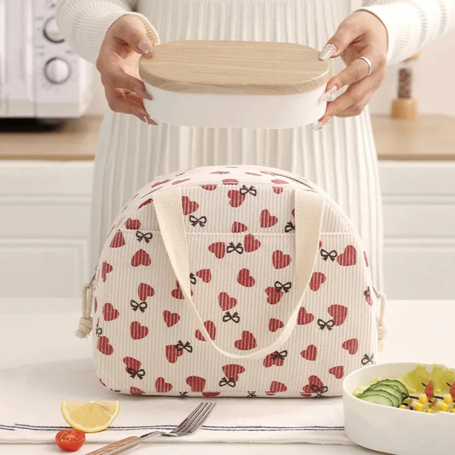 Corduroy Thermal Insulated Lunch Bag Cute Print Large Capacity Handbag