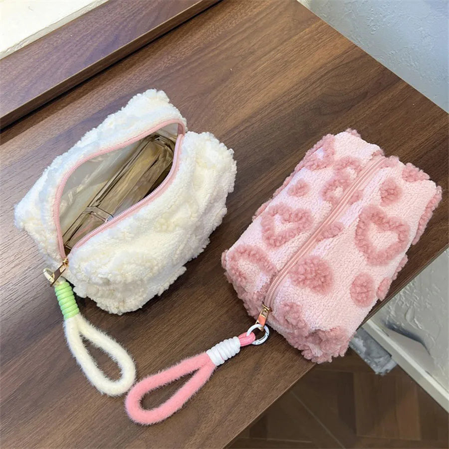 Plush Makeup Bag with Handle Travel Cosmetic Organizer Cute Love Print Storage Pouch