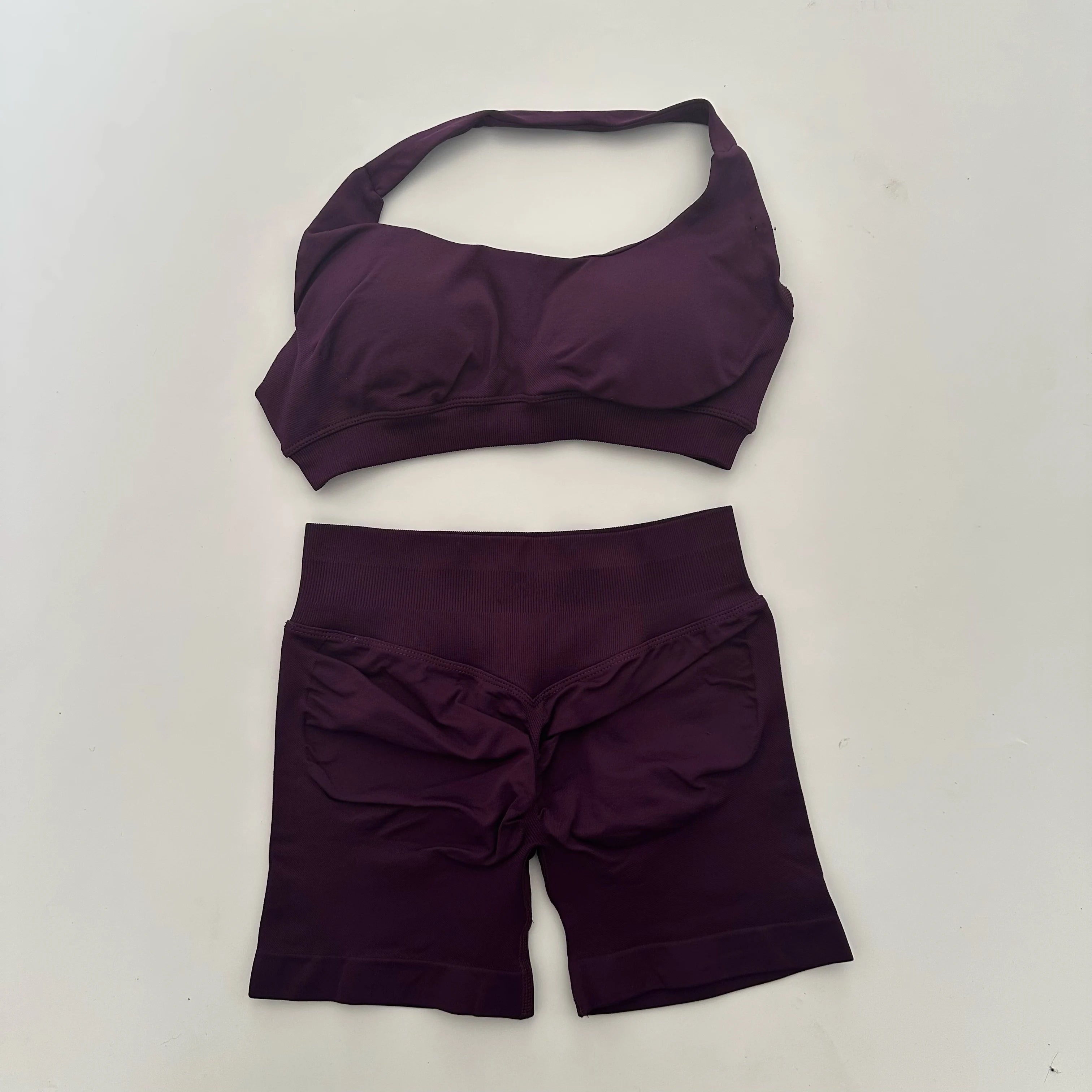 Seamless Yoga Set Halter Sports Bra Scrunch Shorts Gym Workout Fitness Set