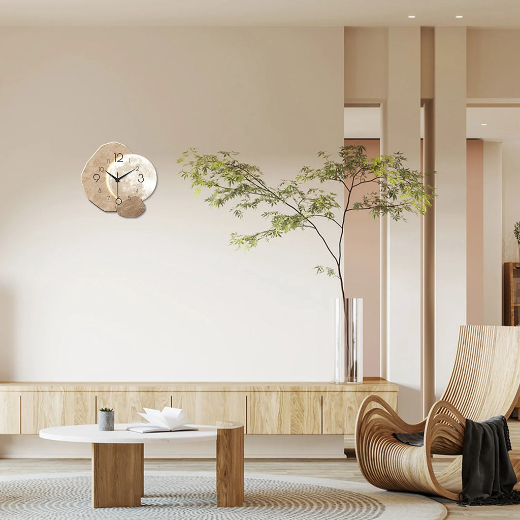 Silent Wooden Wall Clock Moon Design Quartz for Bedroom Living Room Office Decor