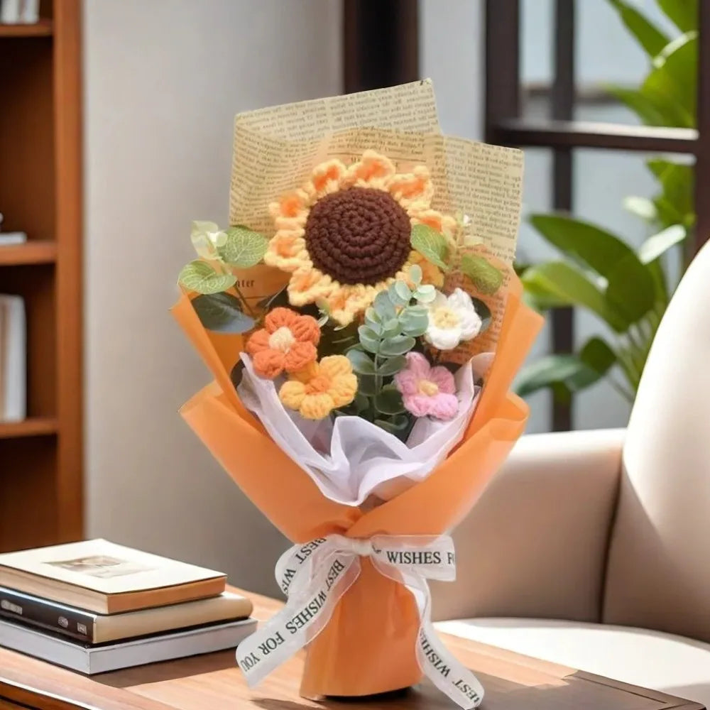 Handmade Crochet Flower Bouquet Sunflower Daisy Eternal Artificial Gift for Mother’s Day Birthday