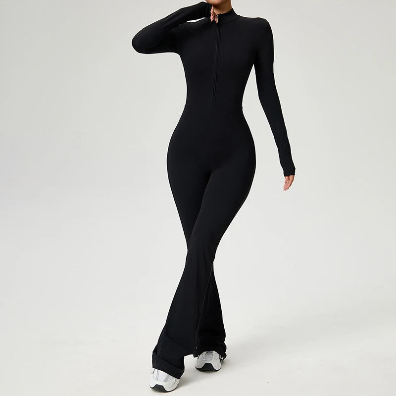 Women Long Sleeve Fitness Jumpsuit Zipper Yoga Bodysuit for Gym Workout