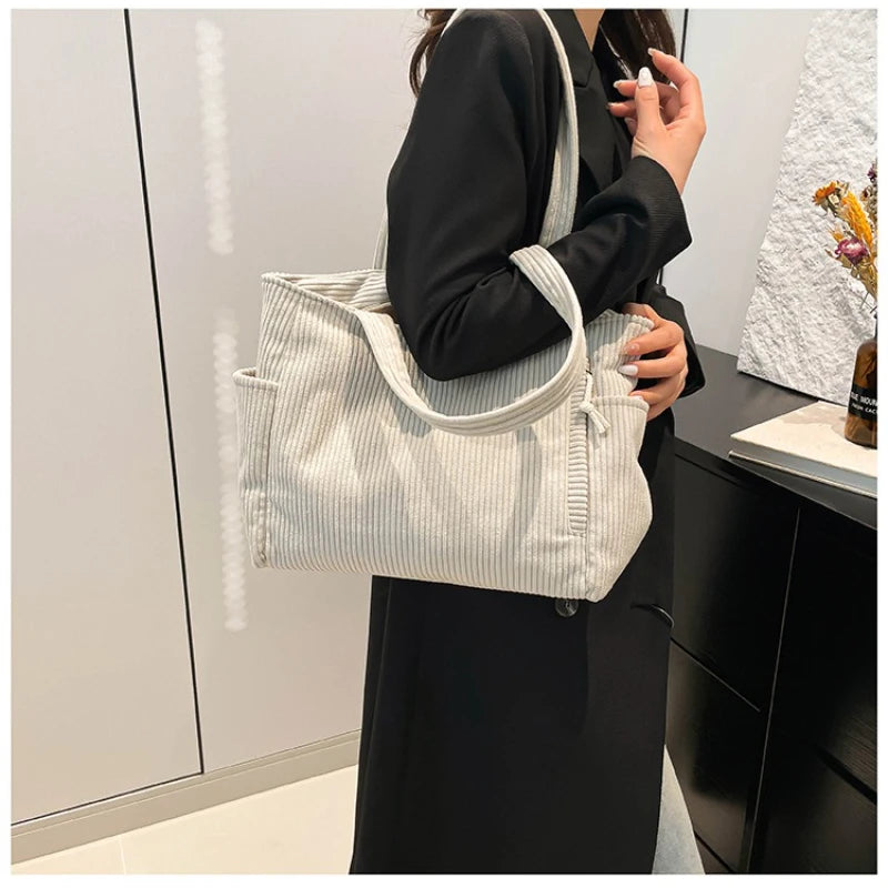 Women Corduroy Handbag Large Capacity Zipper Shoulder Bag Casual Commuter Tote