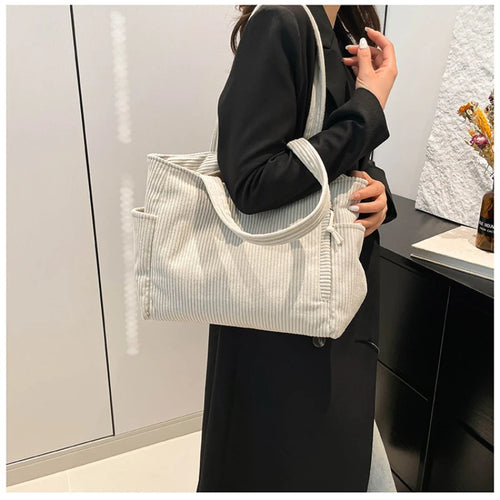 Women Corduroy Handbag Large Capacity Zipper Shoulder Bag Casual Commuter Tote