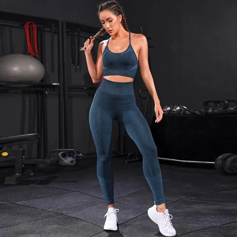 Women Seamless Gym Set High Waist Leggings & Sports Bra Workout Outfit