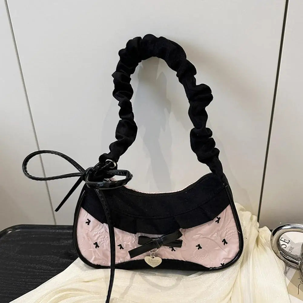 Women Grid Shoulder Bag Lace Ribbon Underarm Handbag