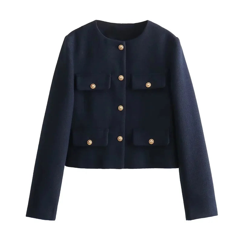 Women Tweed Cropped Jacket Vintage Button Long Sleeve Short Coat