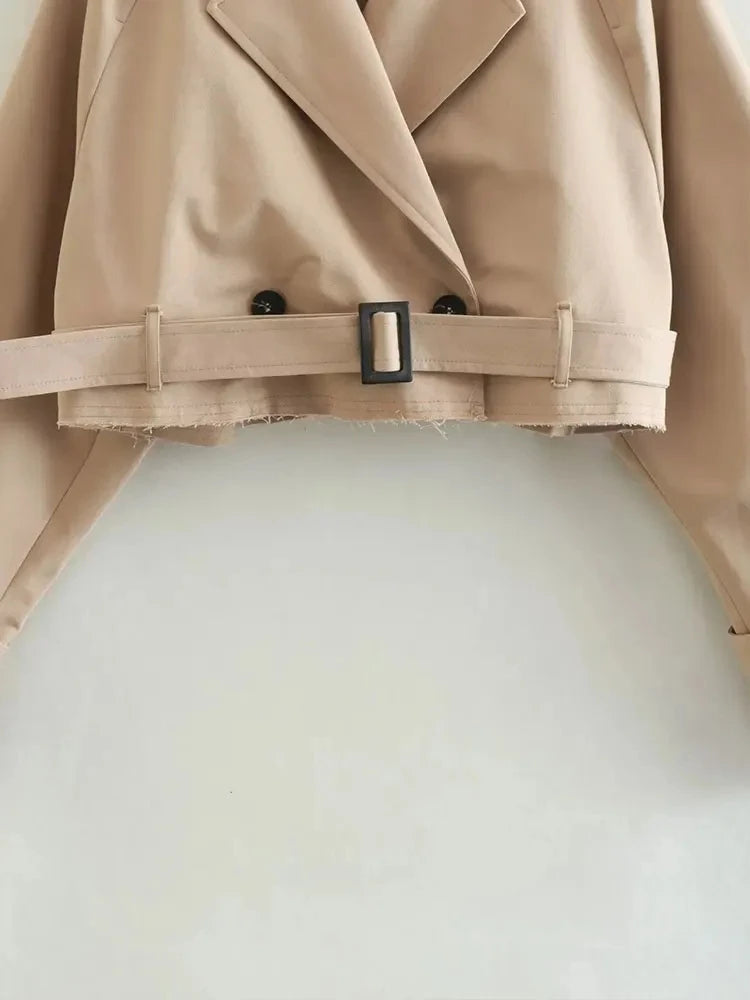 Women Cropped Trench Coat Vintage Double Breasted Belted Spring Jacket