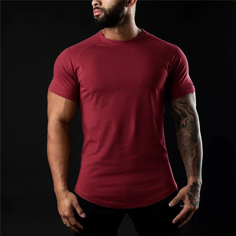Men Gym Cotton T Shirt Slim Fit O Neck Short Sleeve Workout Fitness Tee