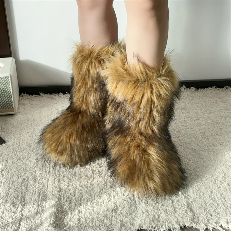 Women Fur Snow Boots Warm Mid Calf Winter Shoes