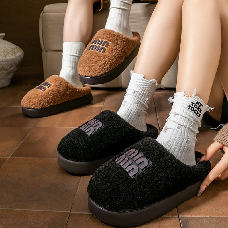 Women Plush Cotton Slippers Thick Sole Winter Indoor Warm Non Slip Home Shoes