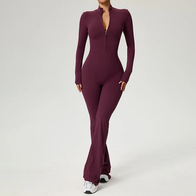 Women Long Sleeve Fitness Jumpsuit Zipper Yoga Bodysuit for Gym Workout
