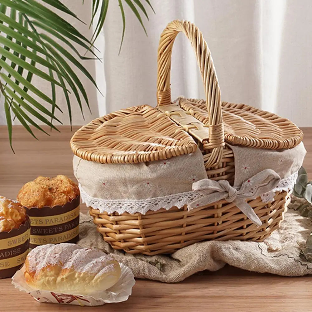 Handmade Wicker Picnic Basket with Handle Willow Storage Hamper Camping Fruit Basket