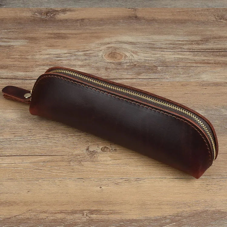 Vintage Leather Pencil Case Zipper Pouch Pen Holder Glasses Storage Bag