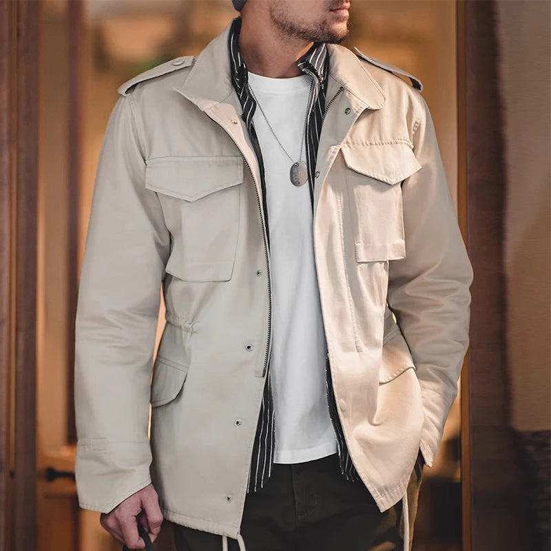 Men Military Field Jacket Retro Cotton Multi Pocket Zipper Coat